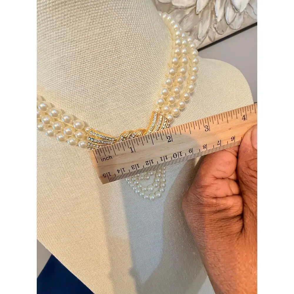 Vintage Faux Pearl Rhinestone Bow Statement Necklace